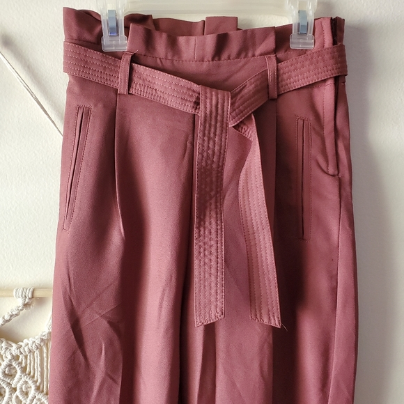 Pink High Waisted Belted Ankle Dress Pants - Picture 3 of 6